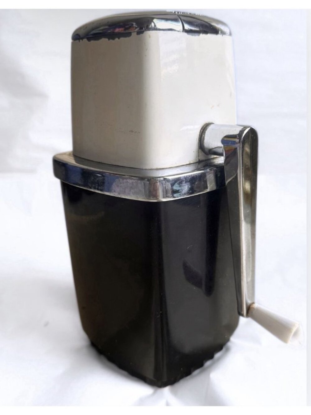 Vintage Counter Top Ice Crusher Hand Crank MCM Retro Kitchen Ivory Black Silver